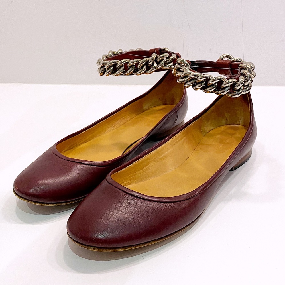 Celine Leather Flats with Silver Chain Straps - 37